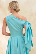 Gracie Aqua One Shoulder Midi Dress with Knot Detail