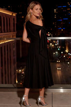 Gracie Black One Shoulder Midi Dress | Modern Sculptural Elegance
