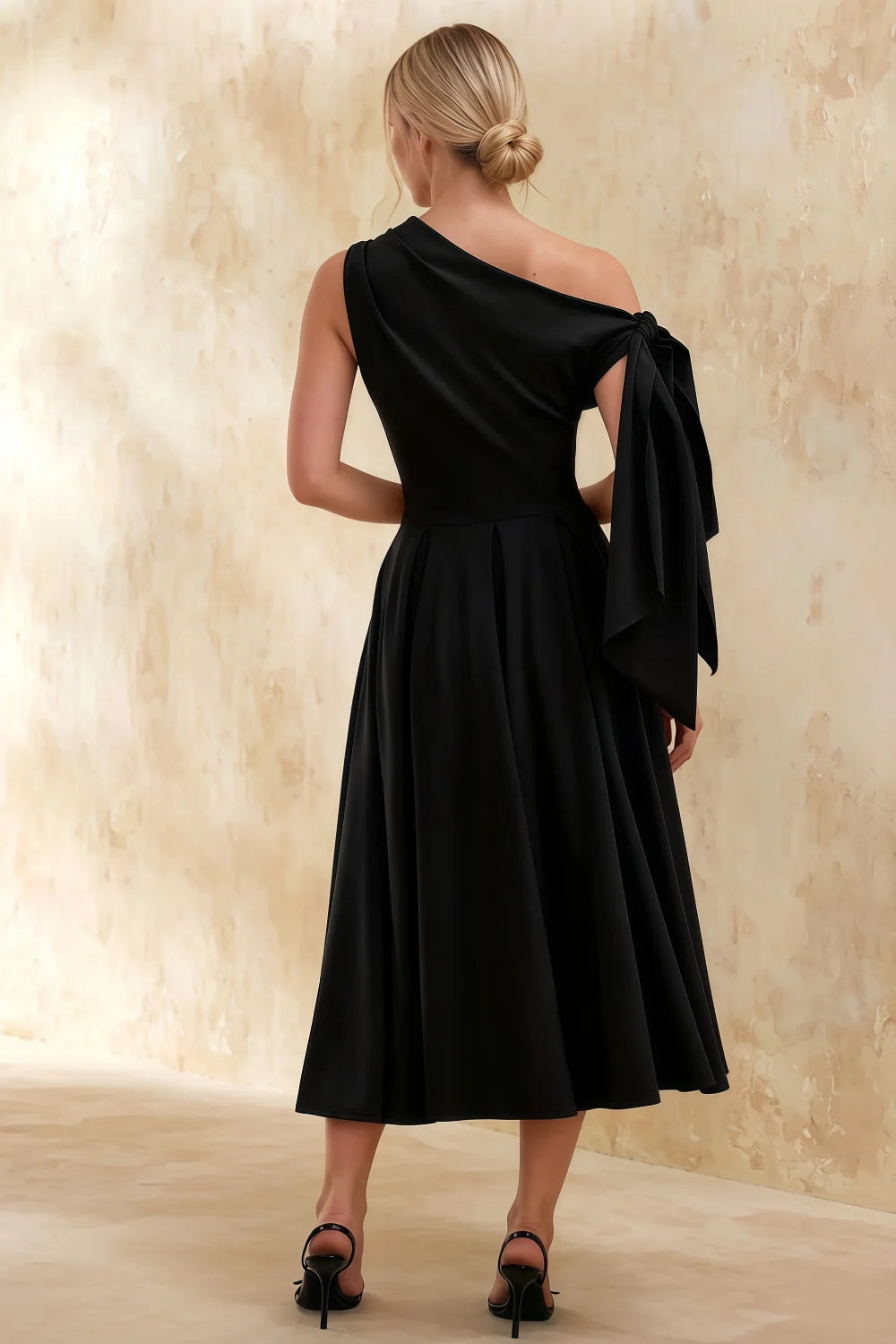 Gracie Black One Shoulder Midi Dress | Modern Sculptural Elegance