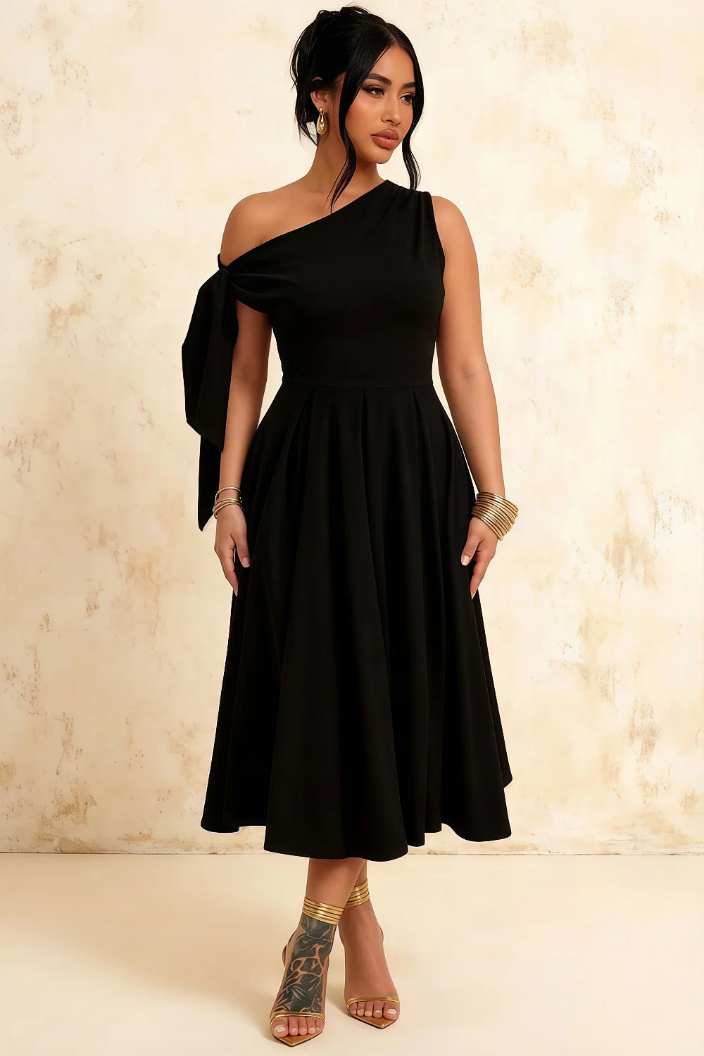 Gracie Black One Shoulder Midi Dress | Modern Sculptural Elegance