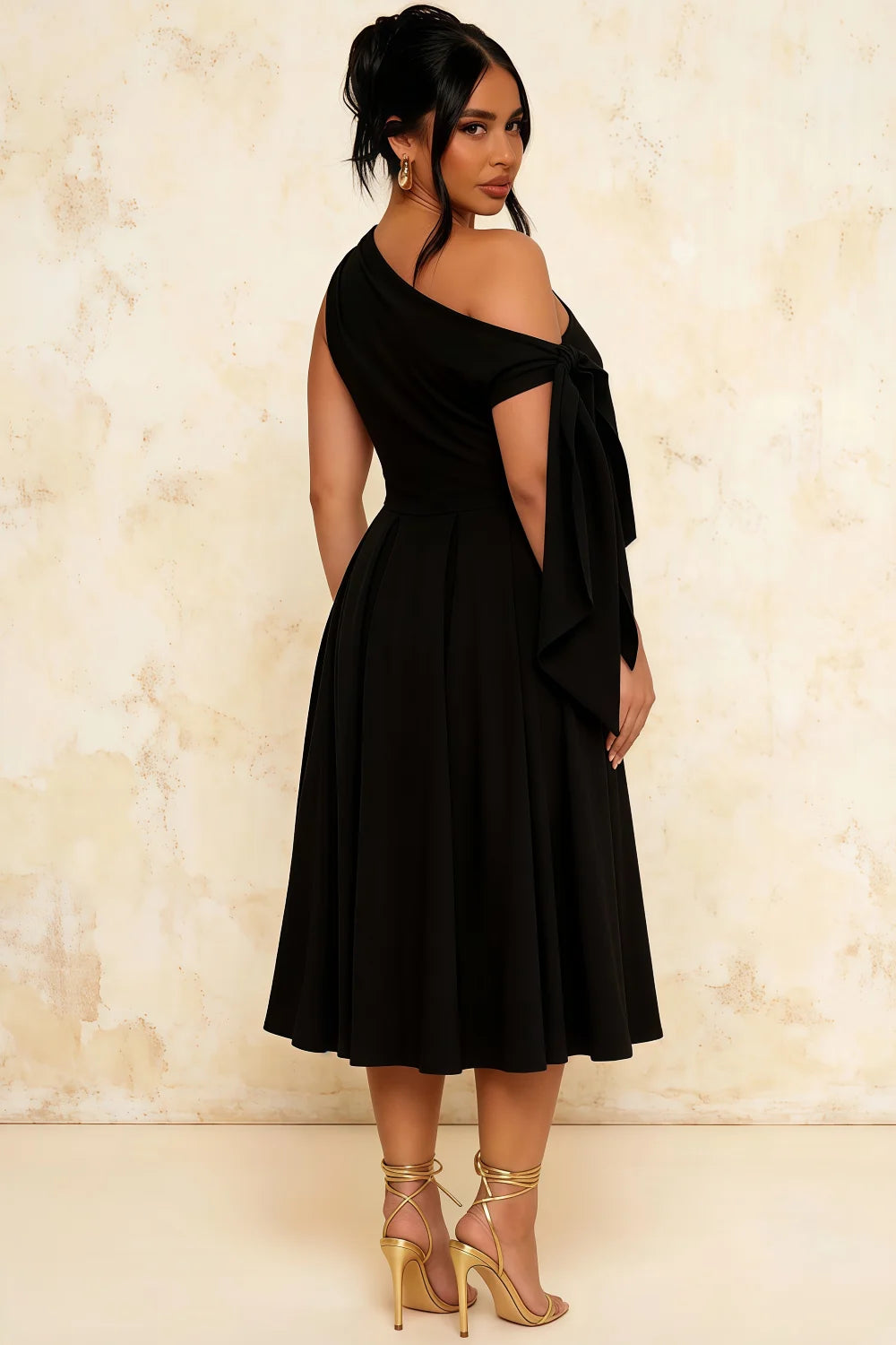 Gracie Black One Shoulder Midi Dress | Modern Sculptural Elegance