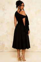 Gracie Black One Shoulder Midi Dress | Modern Sculptural Elegance