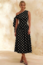 Gracie Black Polka Dot One Shoulder Midi Dress