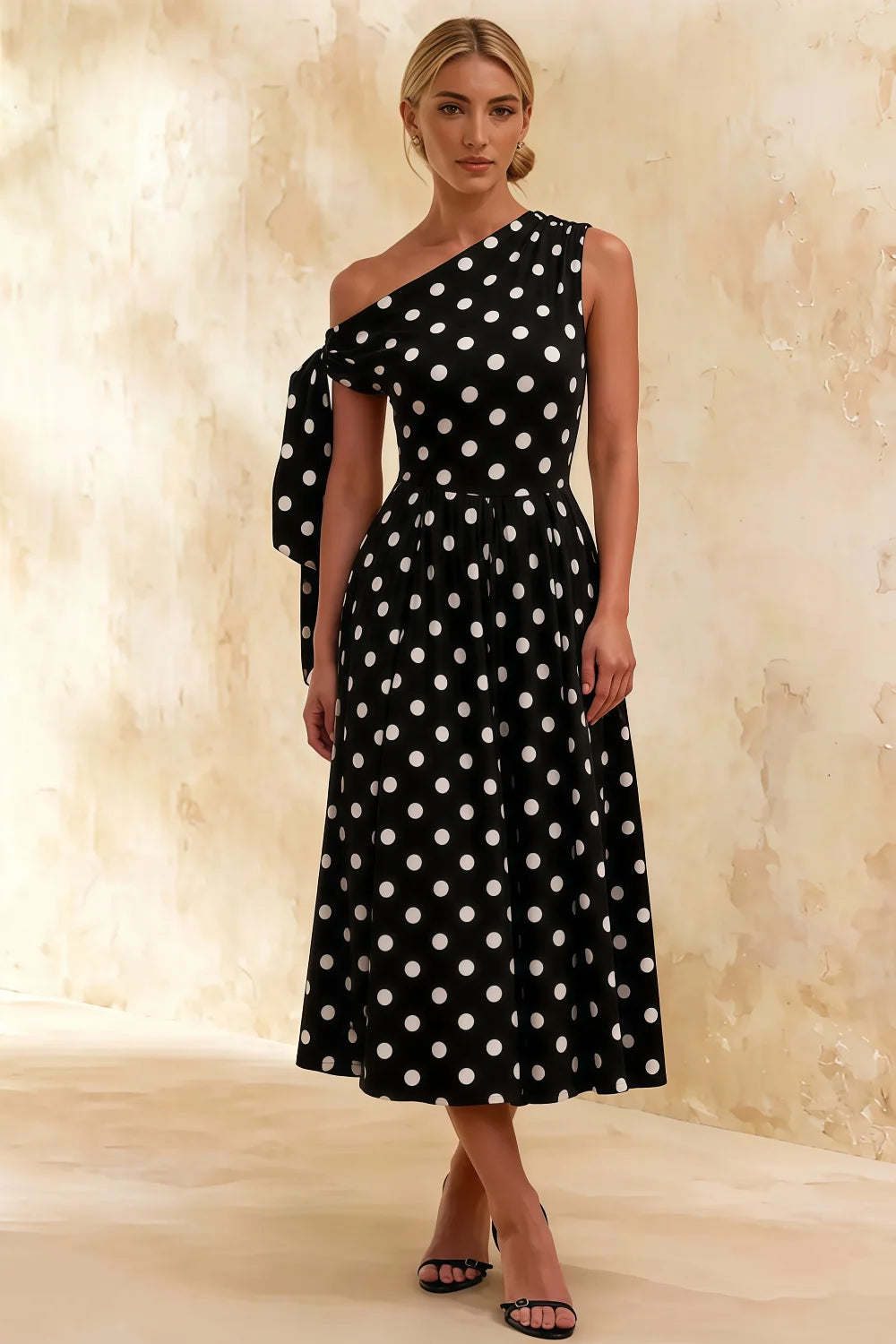 Gracie Black Polka Dot One Shoulder Midi Dress