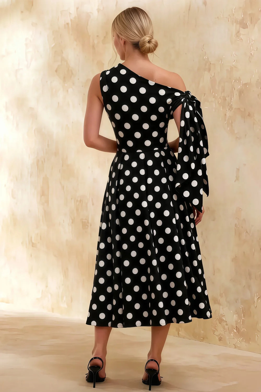 Gracie Black Polka Dot One Shoulder Midi Dress