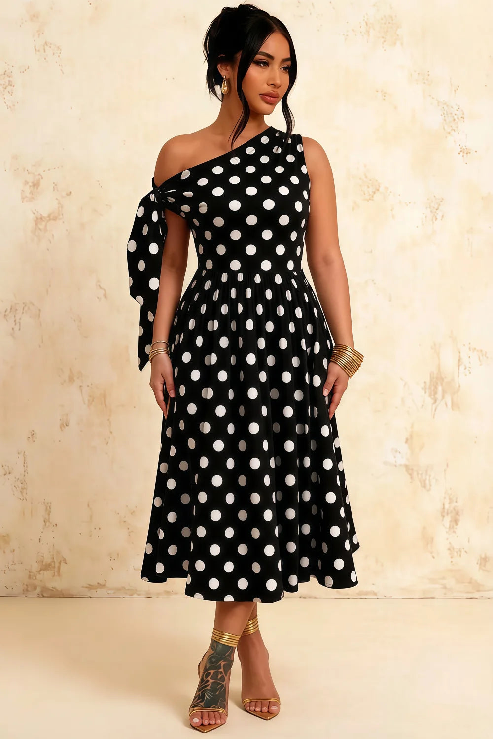 Gracie Black Polka Dot One Shoulder Midi Dress