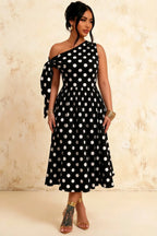 Gracie Black Polka Dot One Shoulder Midi Dress