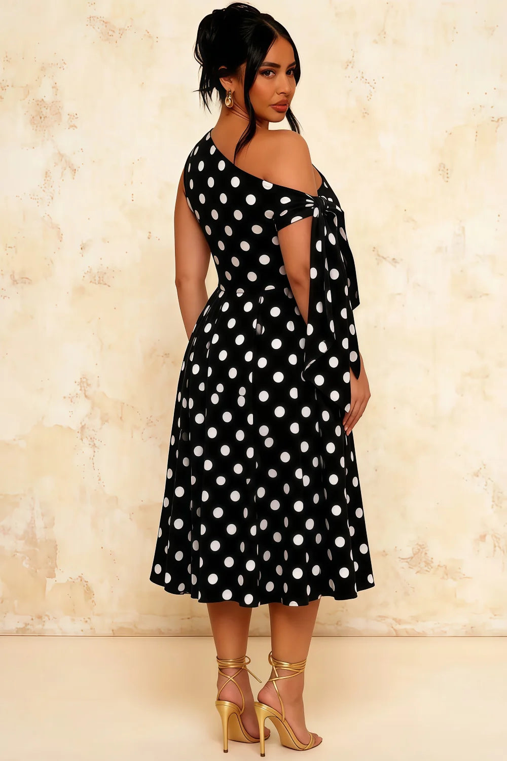 Gracie Black Polka Dot One Shoulder Midi Dress