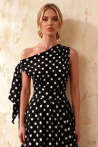 Gracie Black Polka Dot One Shoulder Midi Dress