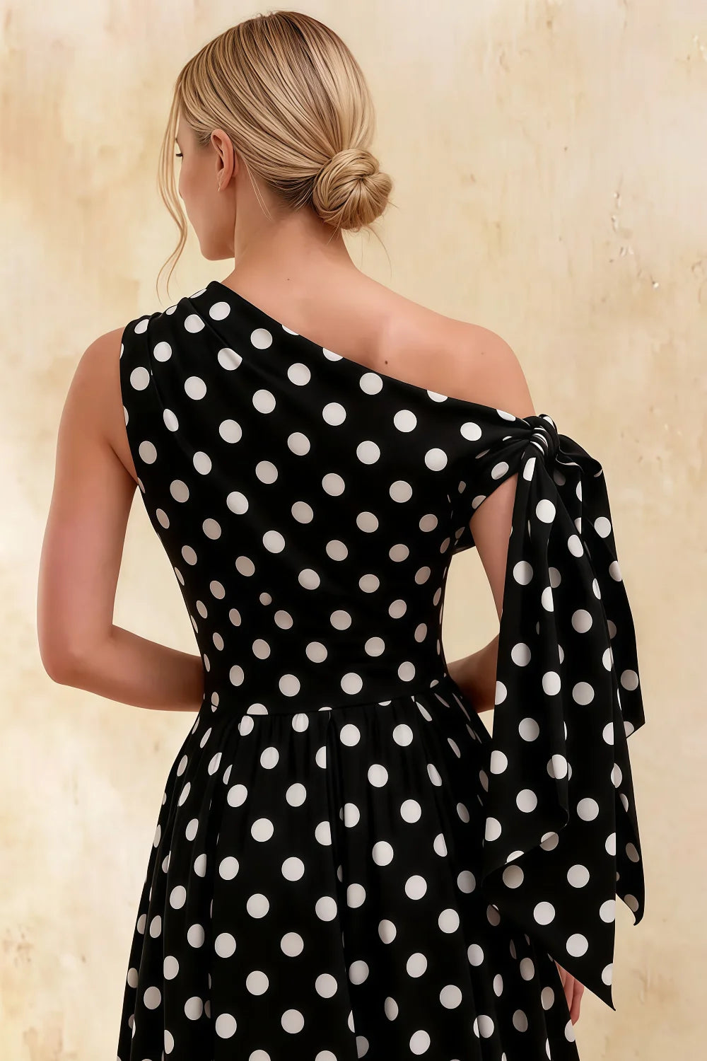 Gracie Black Polka Dot One Shoulder Midi Dress