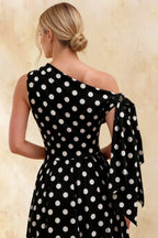 Gracie Black Polka Dot One Shoulder Midi Dress