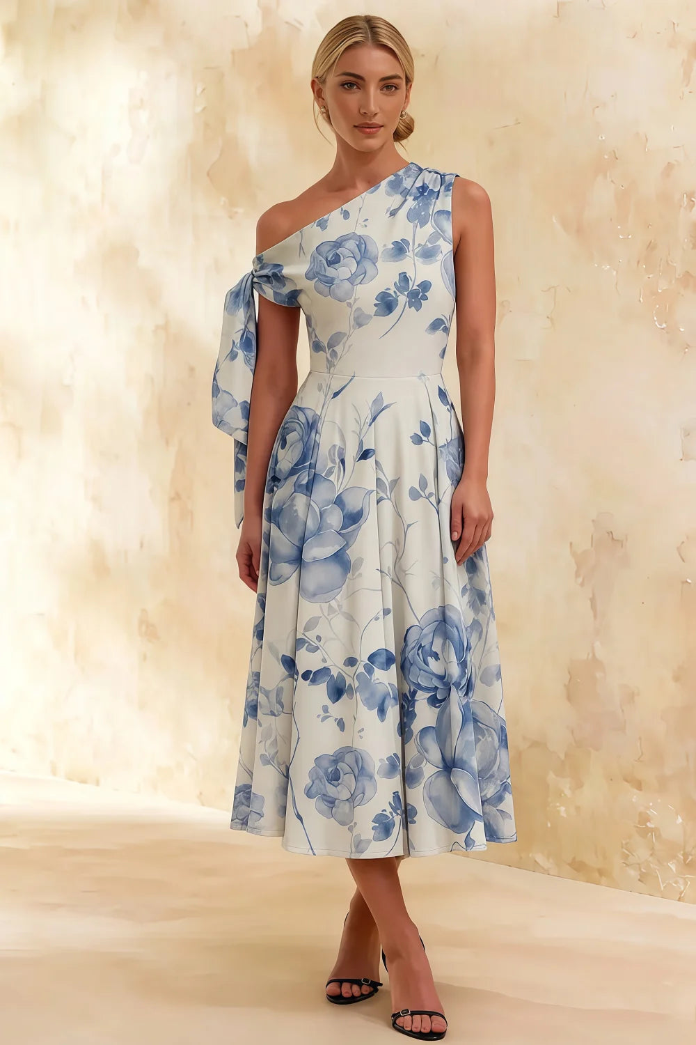 Gracie Blue and White Floral One Shoulder Midi Dress
