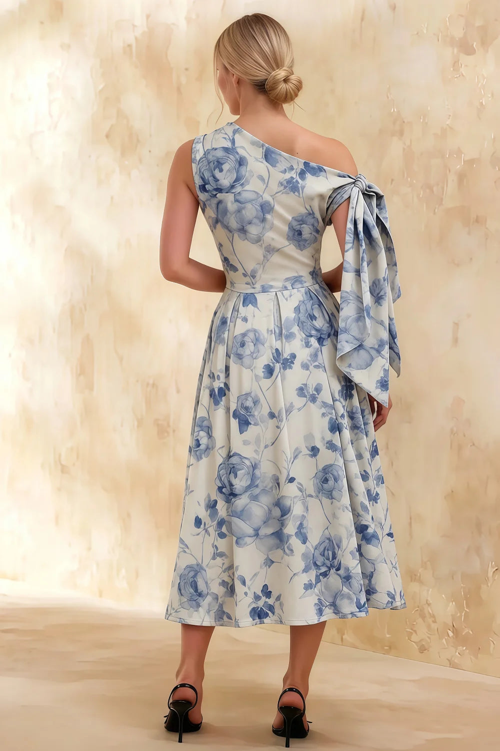 Gracie Blue and White Floral One Shoulder Midi Dress