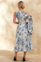 Gracie Blue and White Floral One Shoulder Midi Dress