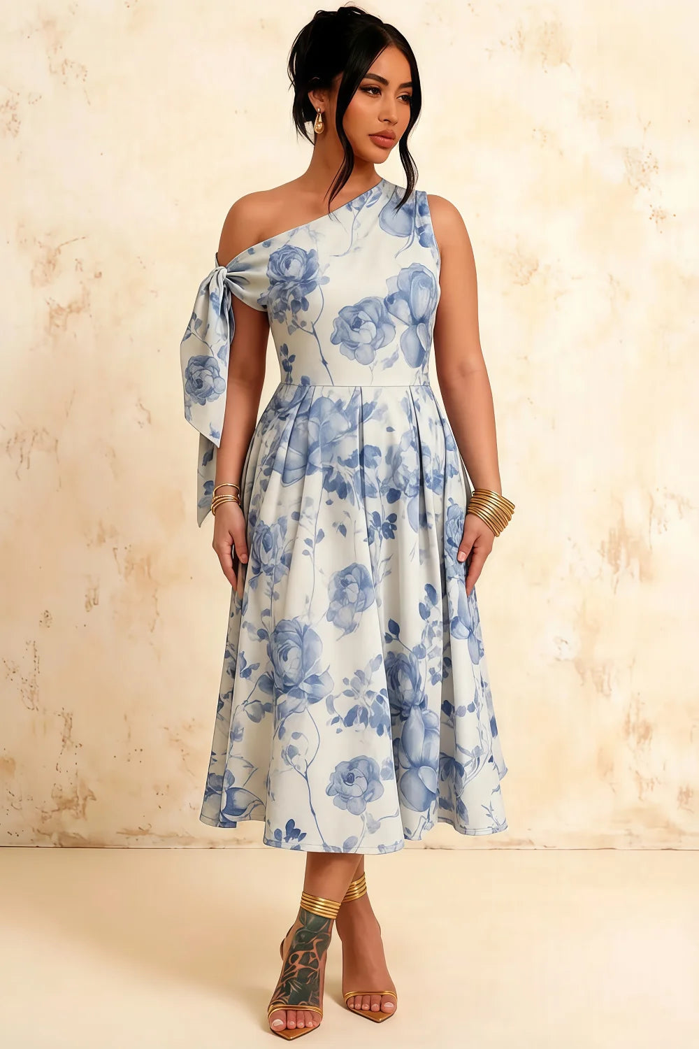 Gracie Blue and White Floral One Shoulder Midi Dress