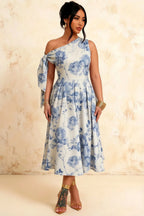 Gracie Blue and White Floral One Shoulder Midi Dress
