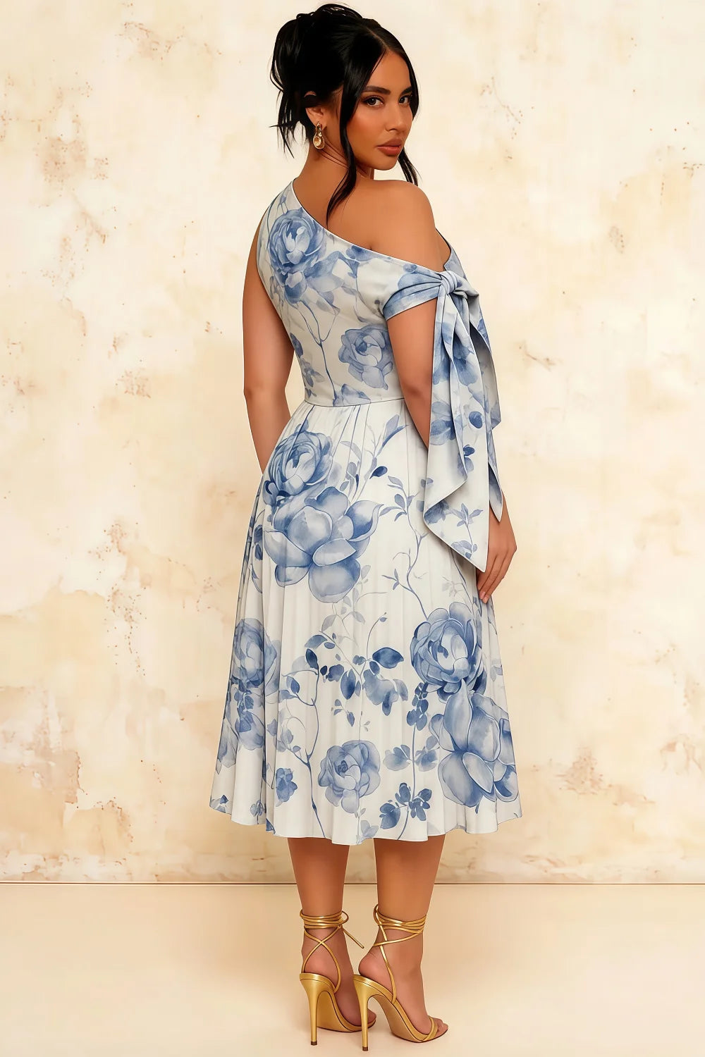 Gracie Blue and White Floral One Shoulder Midi Dress