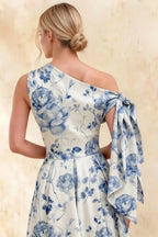 Gracie Blue and White Floral One Shoulder Midi Dress