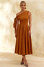 Gracie Bronze Midi One Shoulder Dress | Elegant Knot Detail