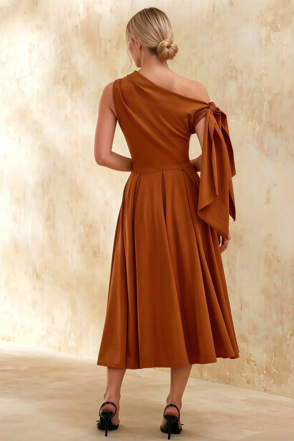 Gracie Bronze Midi One Shoulder Dress | Elegant Knot Detail