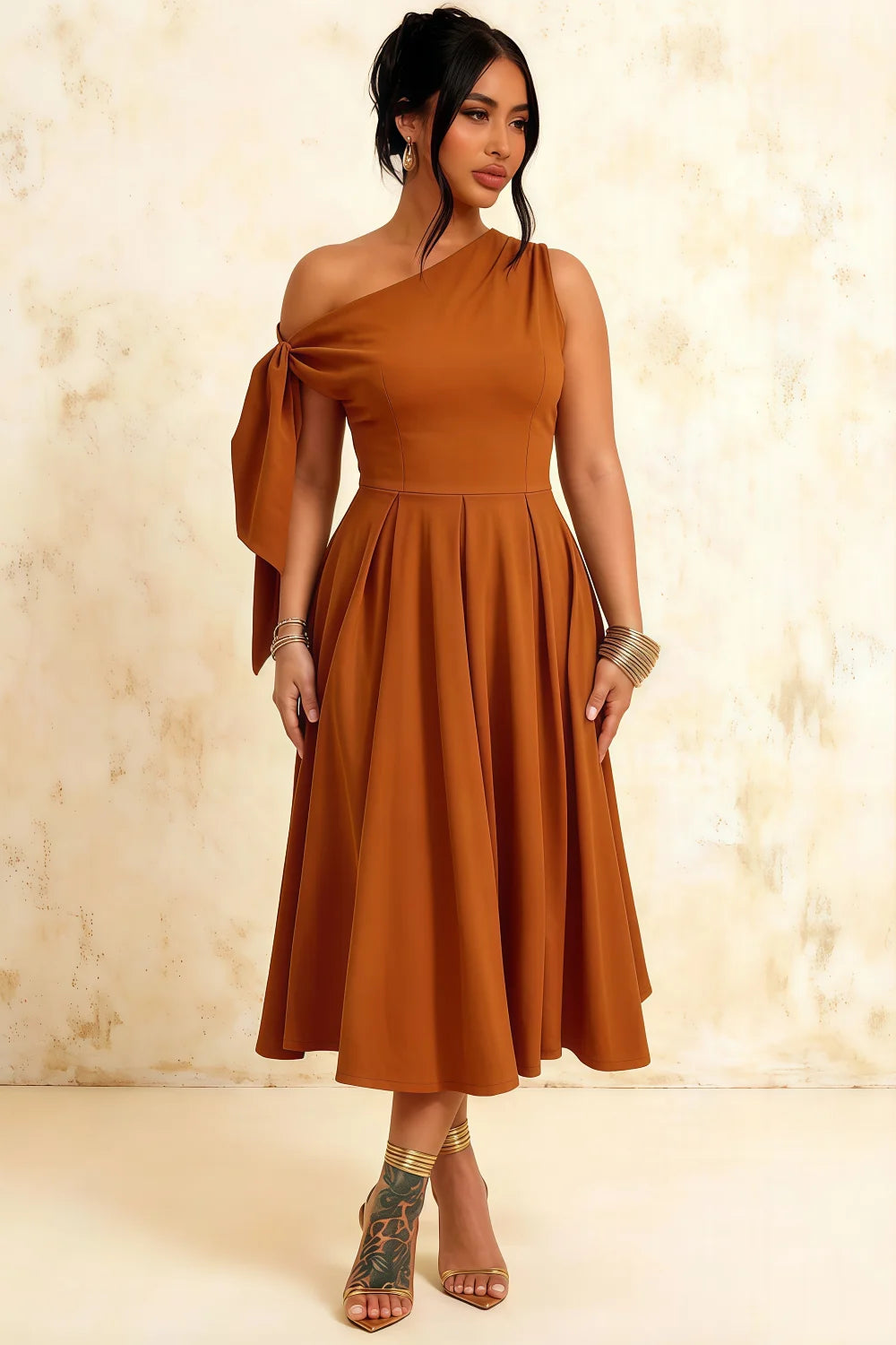 Gracie Bronze Midi One Shoulder Dress | Elegant Knot Detail