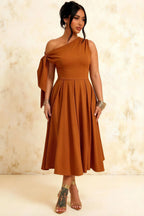 Gracie Bronze Midi One Shoulder Dress | Elegant Knot Detail