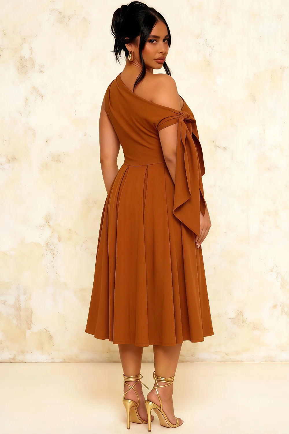 Gracie Bronze Midi One Shoulder Dress | Elegant Knot Detail