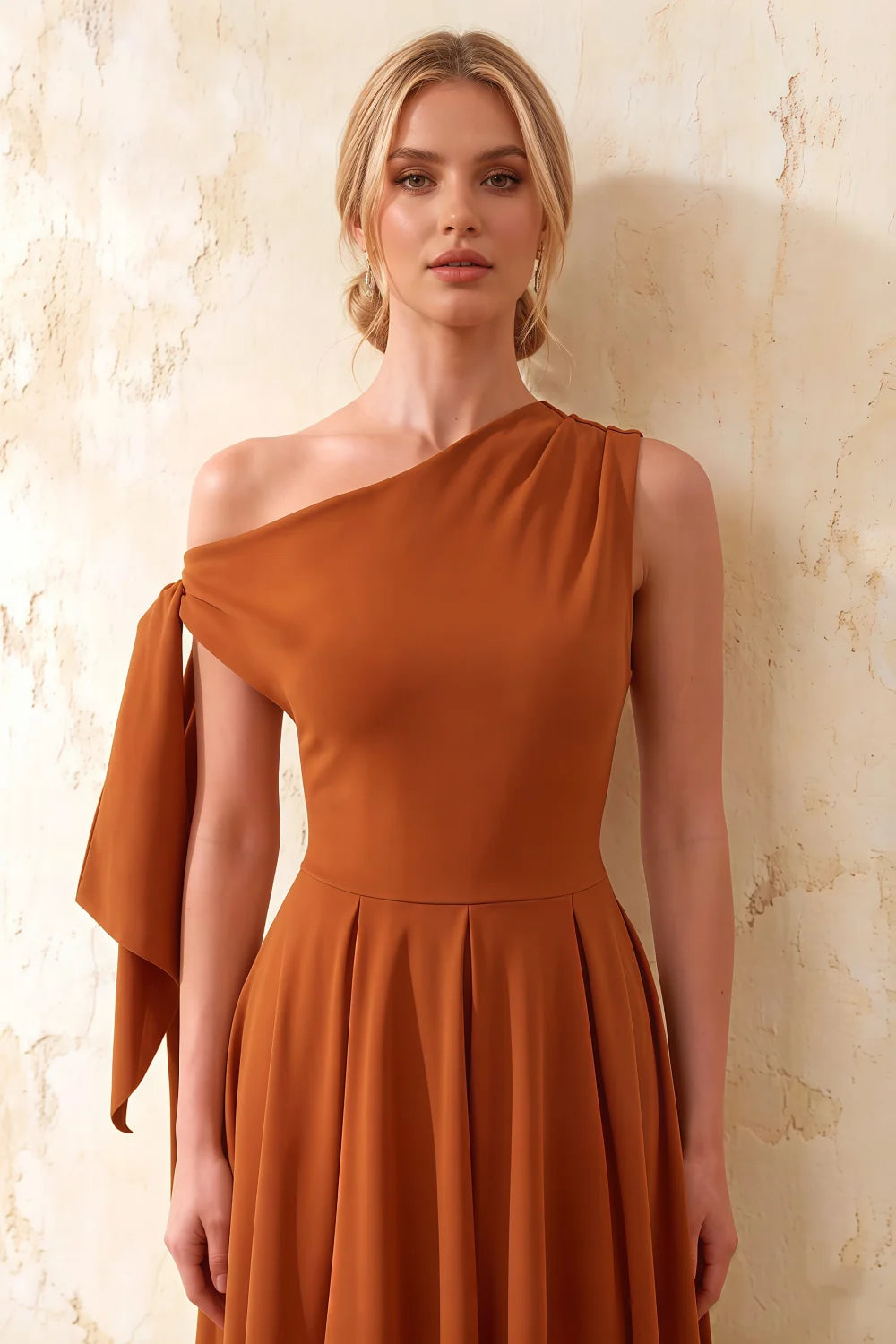 Gracie Bronze Midi One Shoulder Dress | Elegant Knot Detail