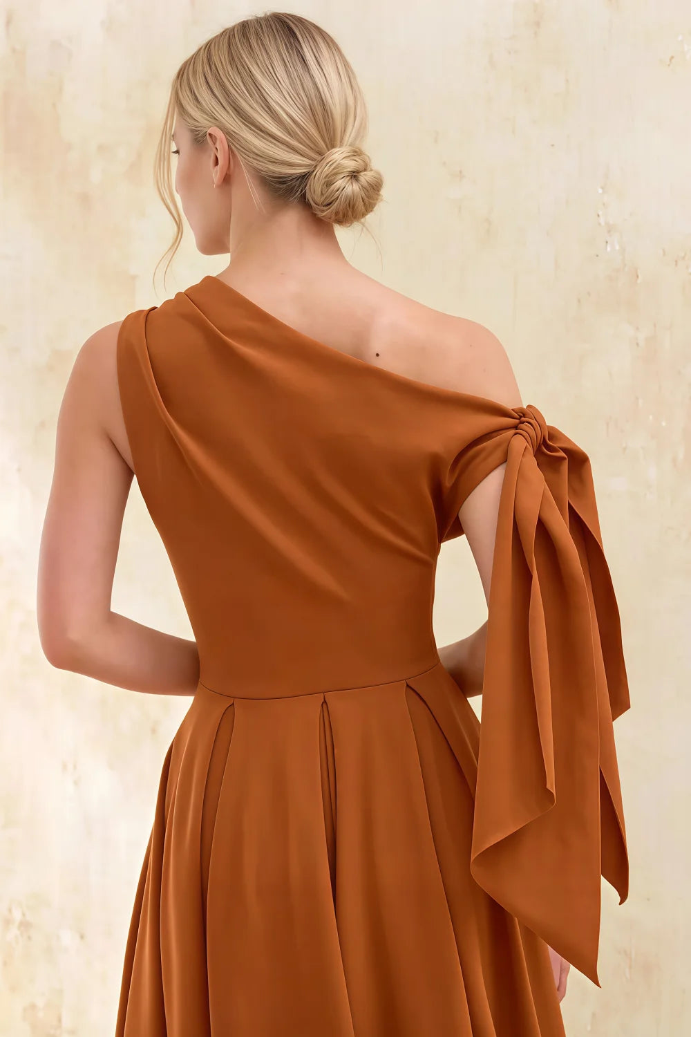 Gracie Bronze Midi One Shoulder Dress | Elegant Knot Detail