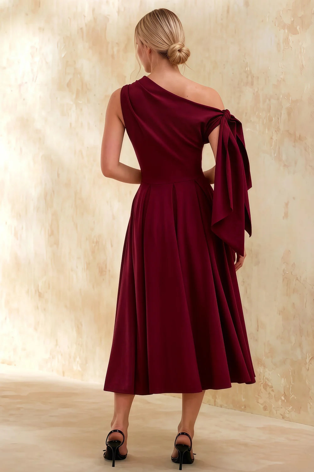 Gracie Burgundy One Shoulder Midi Dress Wedding Guest