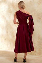 Gracie Burgundy One Shoulder Midi Dress Wedding Guest
