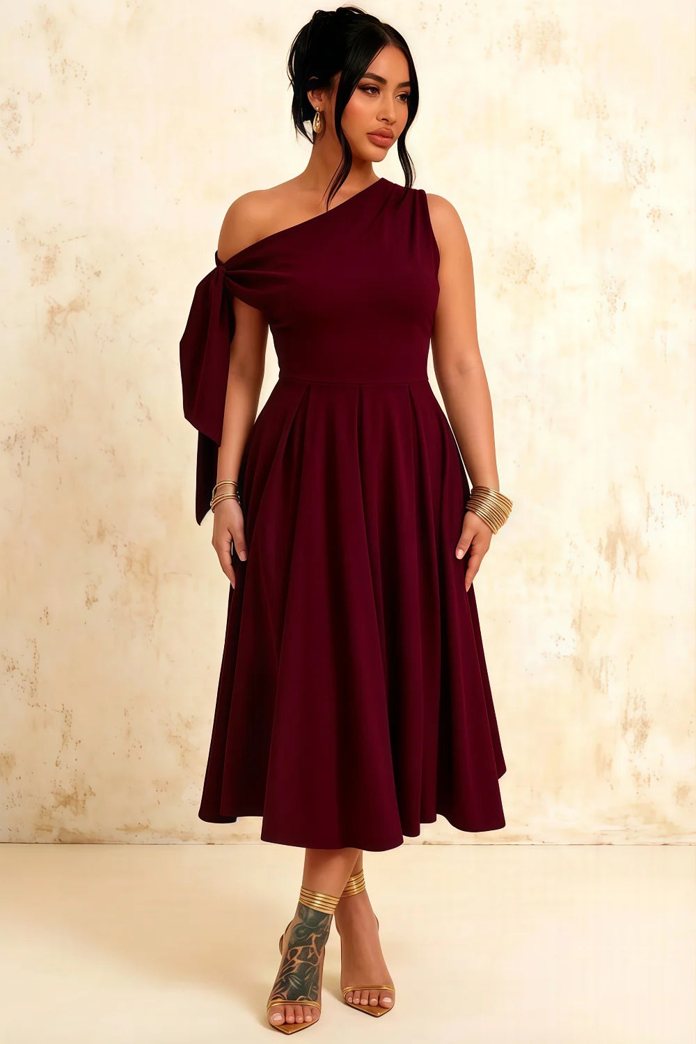 Gracie Burgundy One Shoulder Midi Dress Wedding Guest