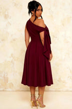 Gracie Burgundy One Shoulder Midi Dress Wedding Guest