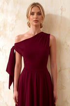 Gracie Burgundy One Shoulder Midi Dress Wedding Guest