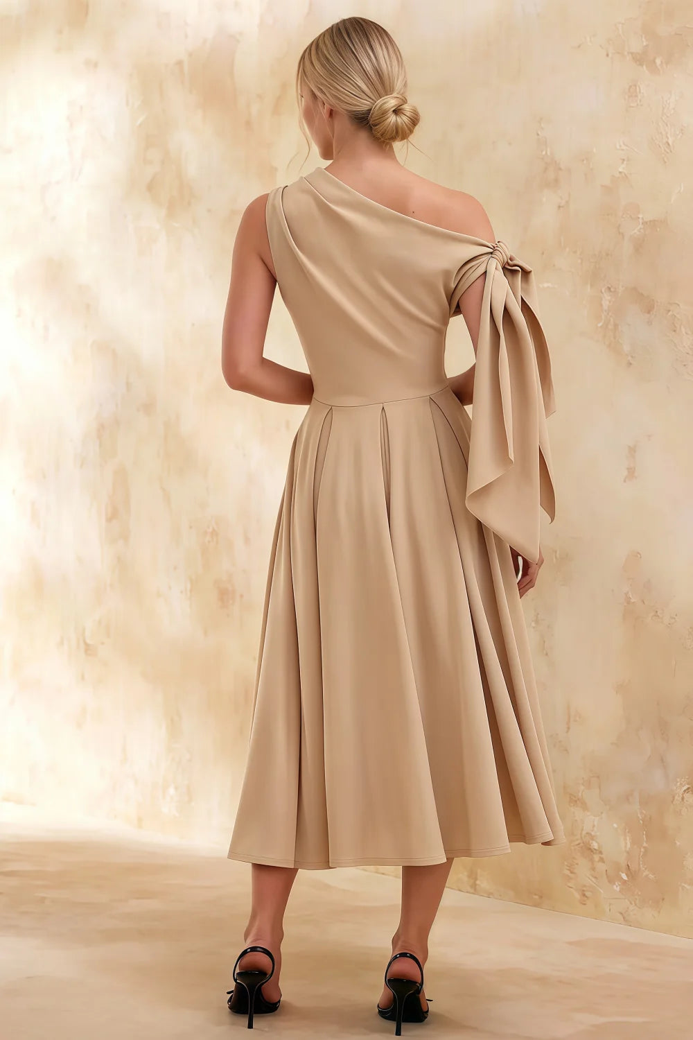 Gracie Champagne One Shoulder Midi Cocktail Dress