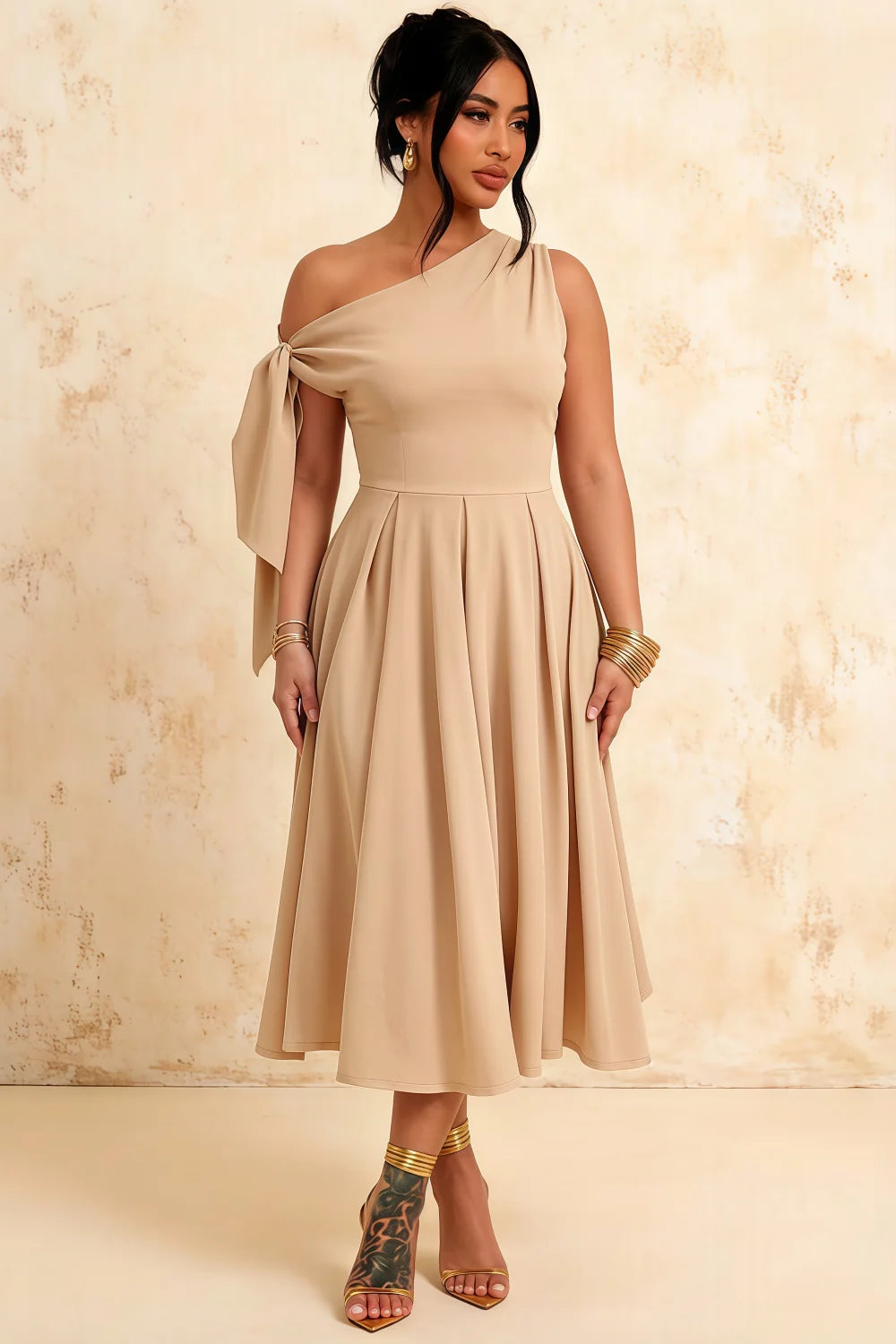 Gracie Champagne One Shoulder Midi Cocktail Dress