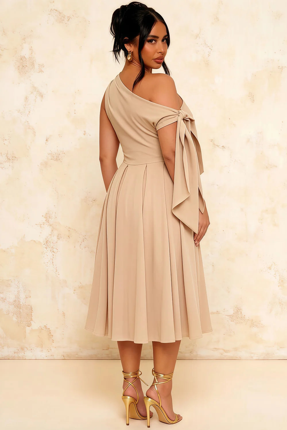 Gracie Champagne One Shoulder Midi Cocktail Dress