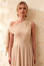 Gracie Champagne One Shoulder Midi Cocktail Dress