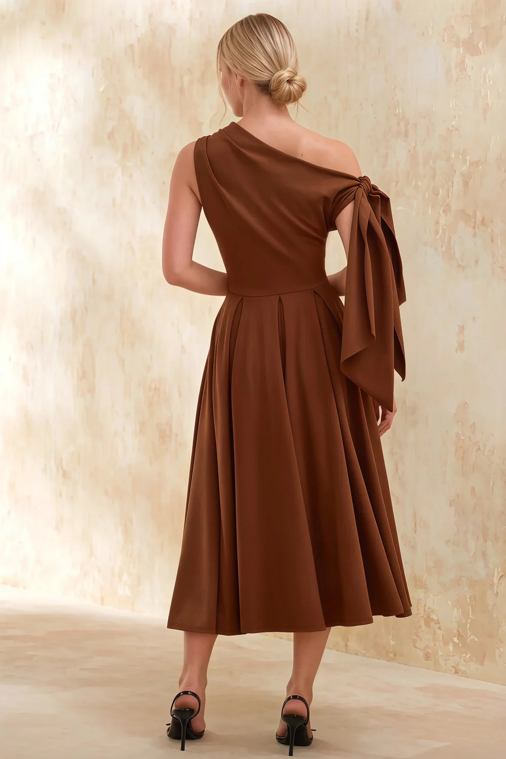 Gracie Coffee One Shoulder Midi Dresses