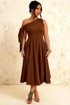 Gracie Coffee One Shoulder Midi Dresses