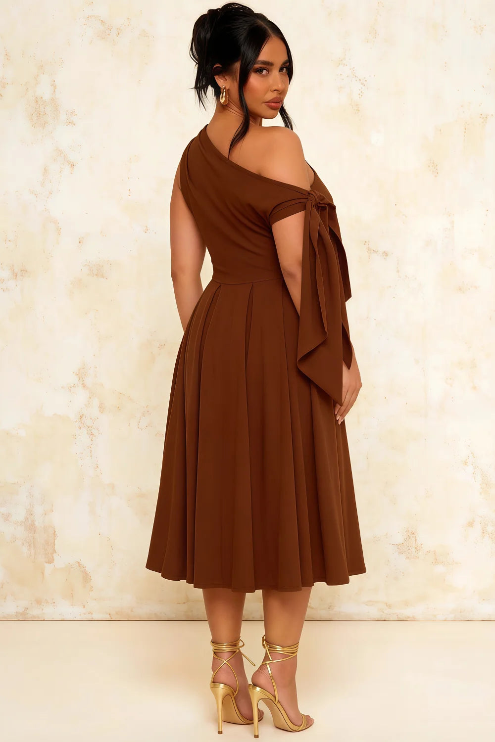Gracie Coffee One Shoulder Midi Dresses