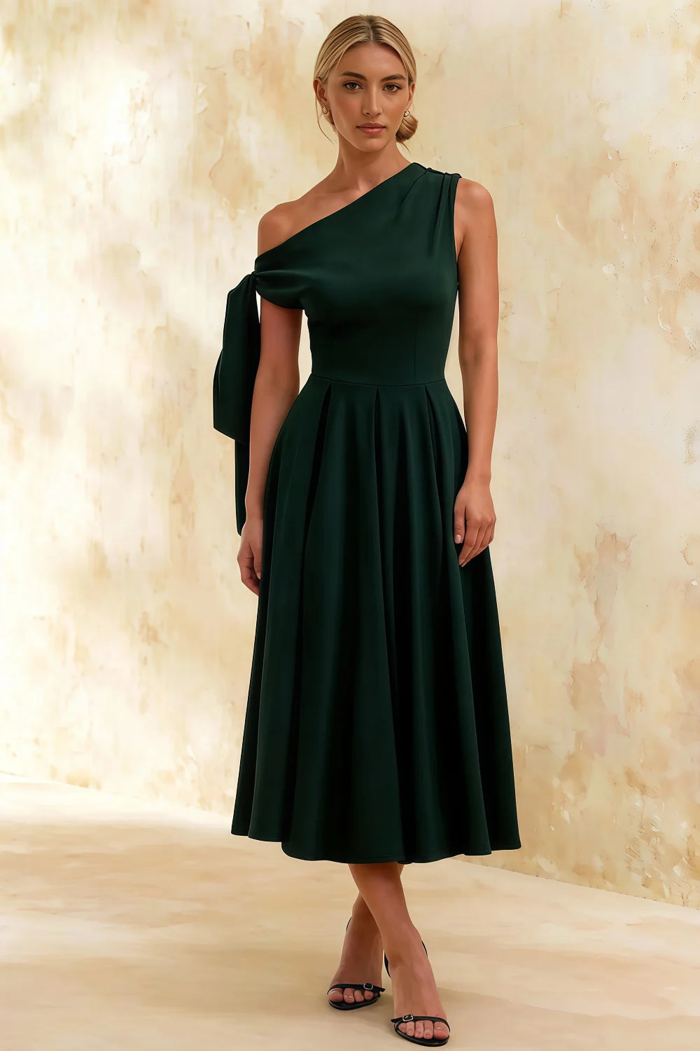 Gracie Emerald Green Slinky Ruched One Shoulder Longline Midi Dress Main image