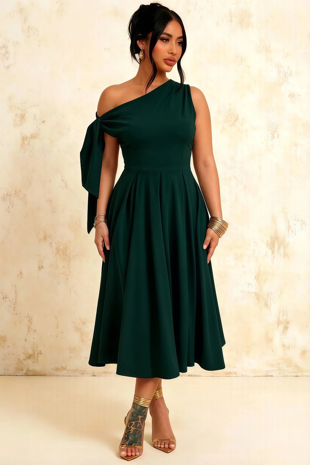 Gracie Emerald Green Slinky Ruched One Shoulder Longline Midi Dress