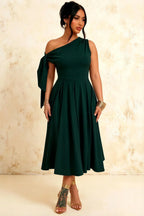 Gracie Emerald Green Slinky Ruched One Shoulder Longline Midi Dress