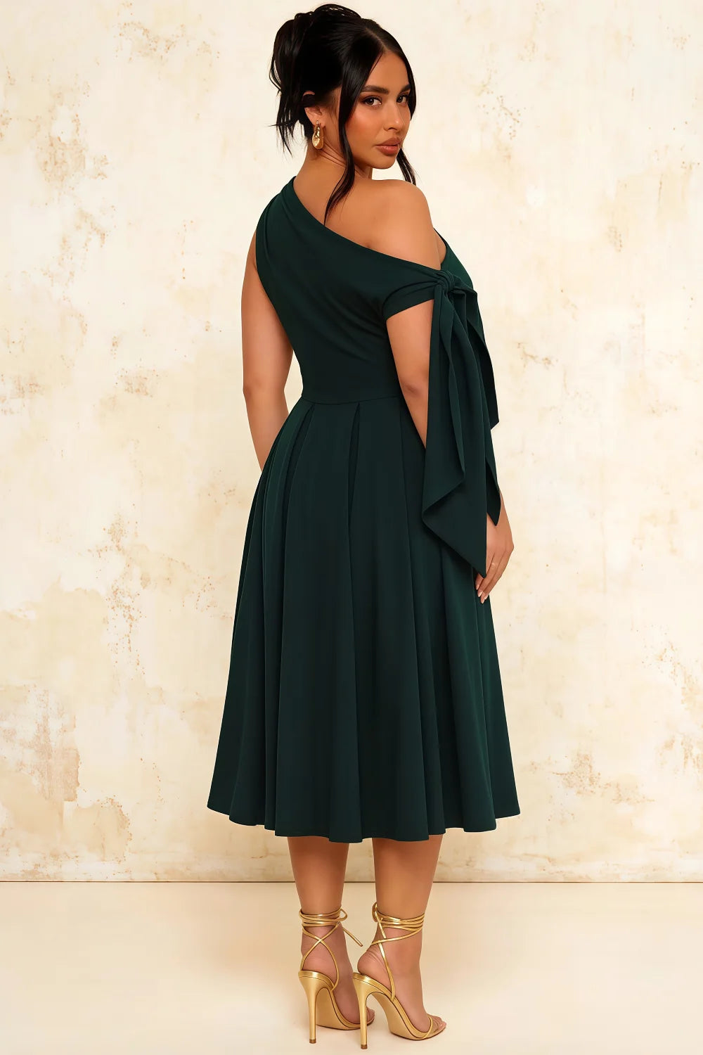 Gracie Emerald Green Slinky Ruched One Shoulder Longline Midi Dress