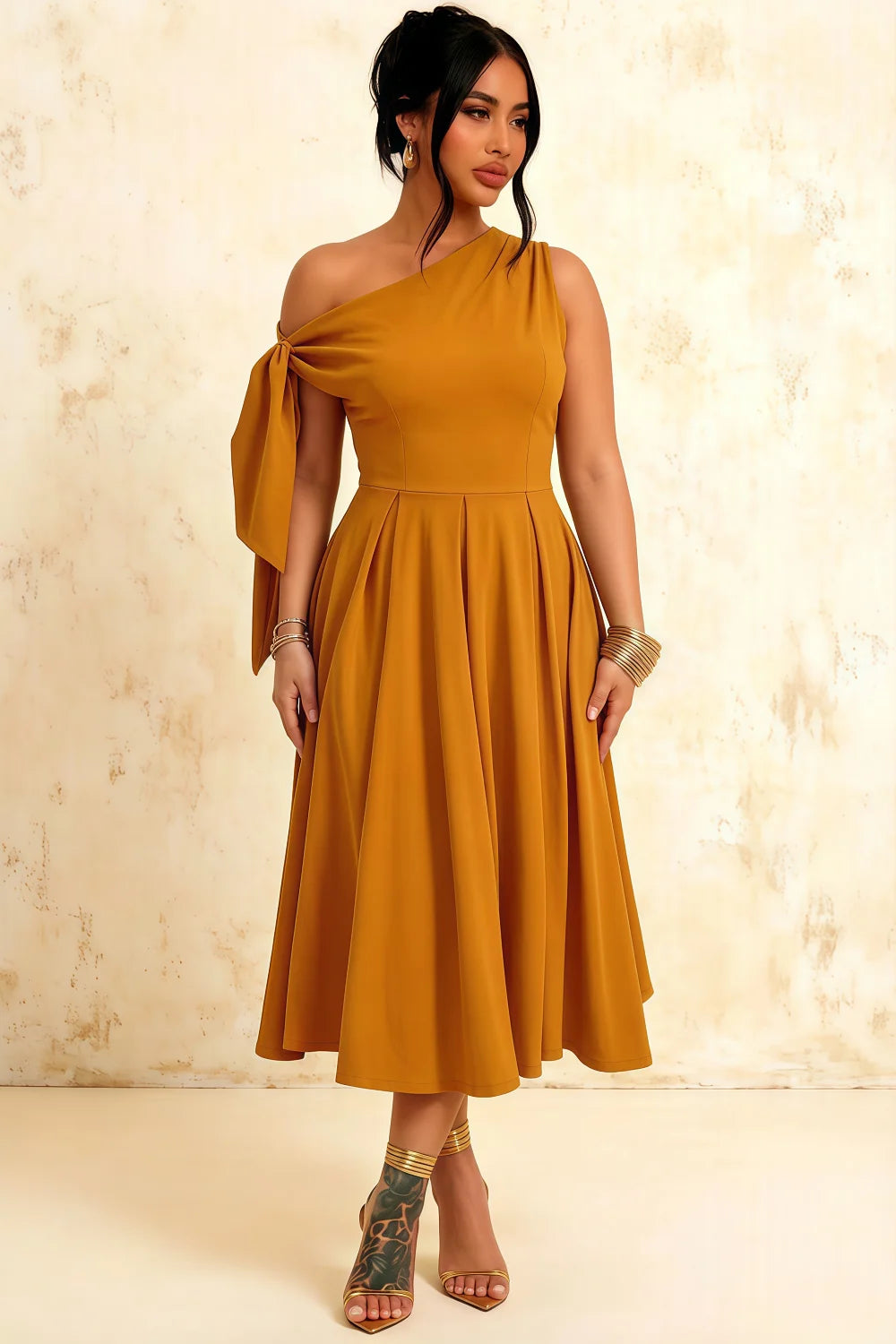 Gracie Gold One Shoulder Pleated Midi Dress