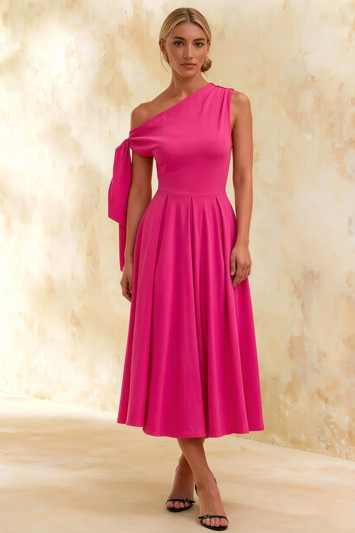 Gracie Hot Pink One Shoulder Midi Dress Formal