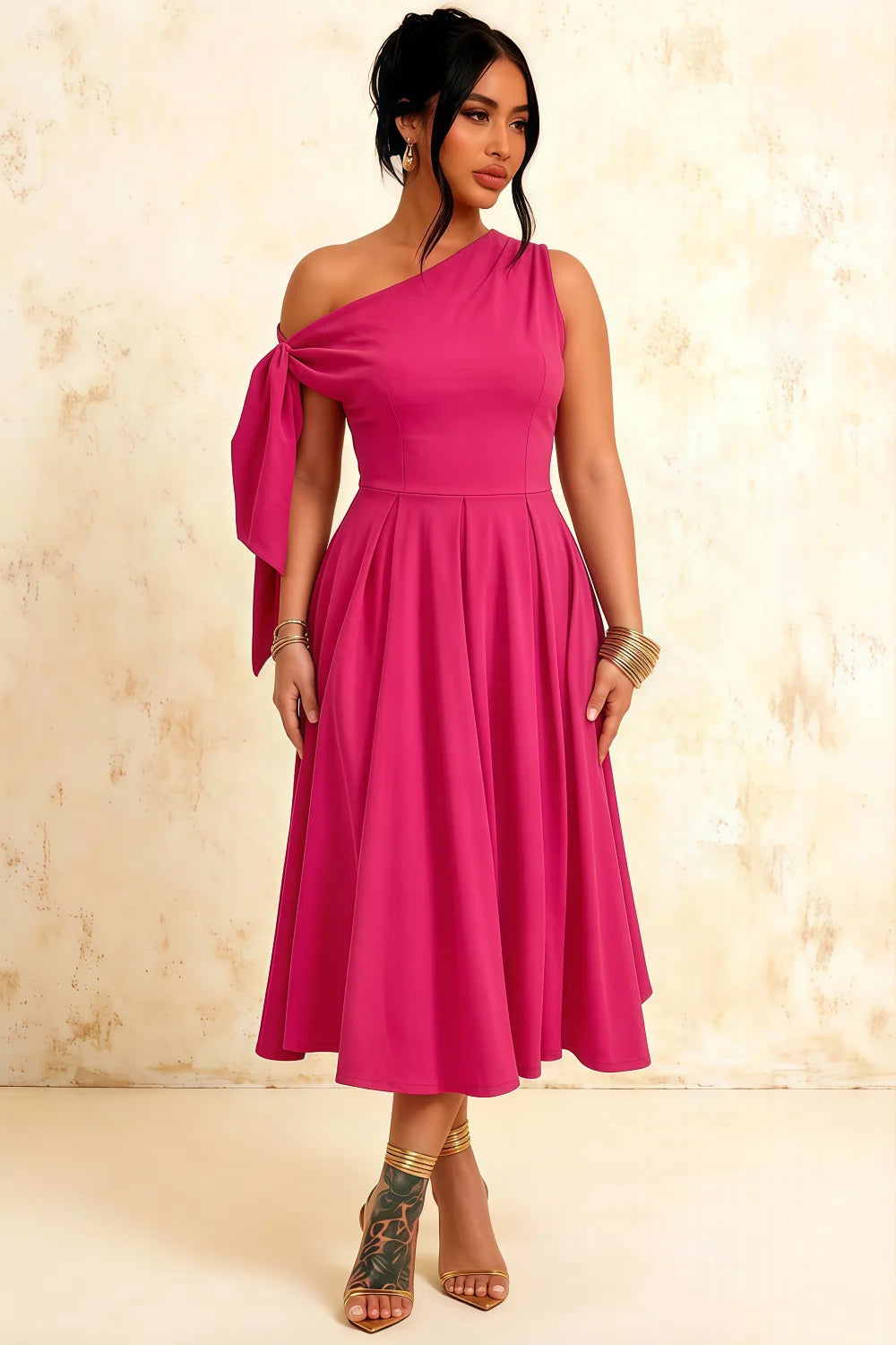 Gracie Hot Pink One Shoulder Midi Dress Formal