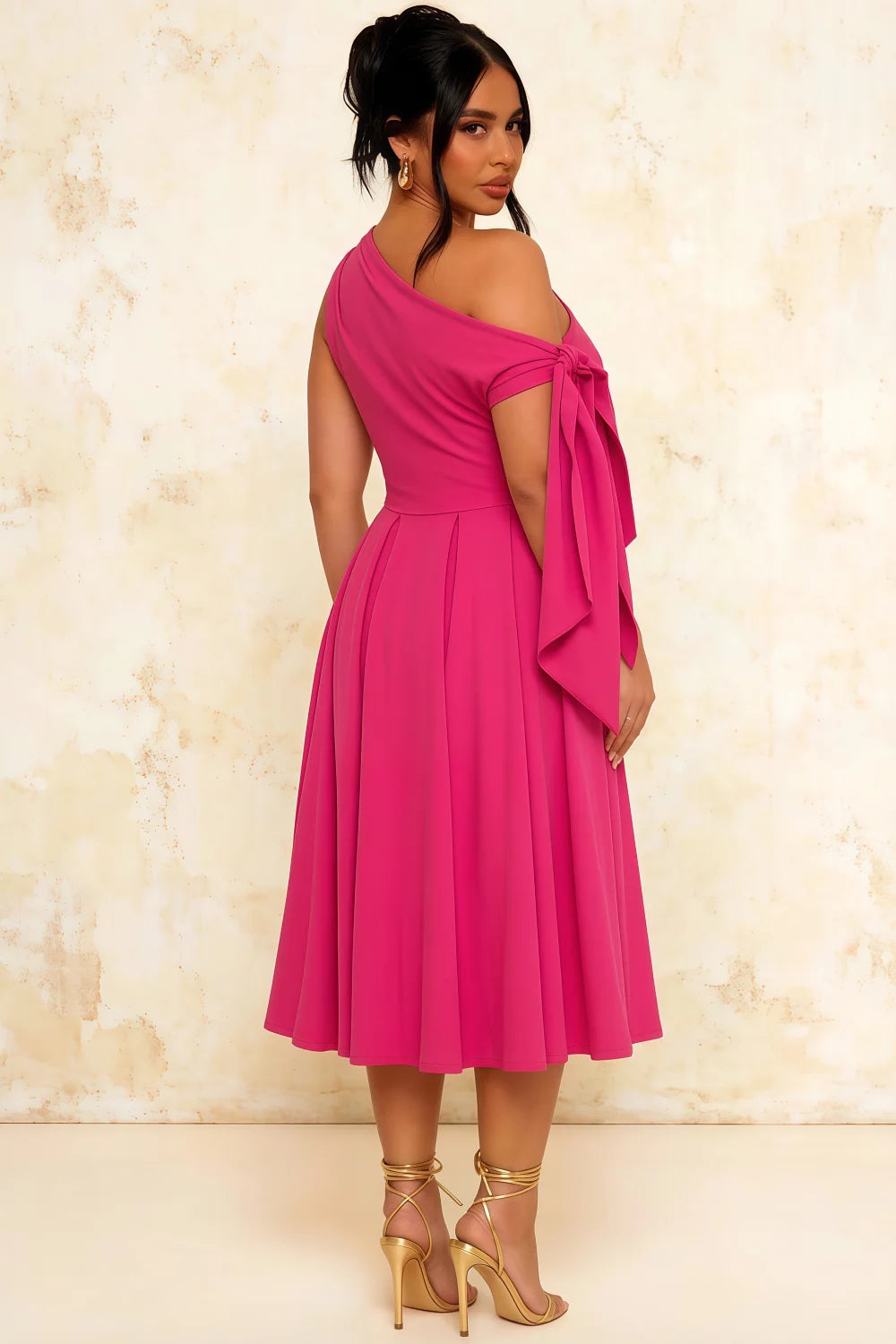 Gracie Hot Pink One Shoulder Midi Dress Formal