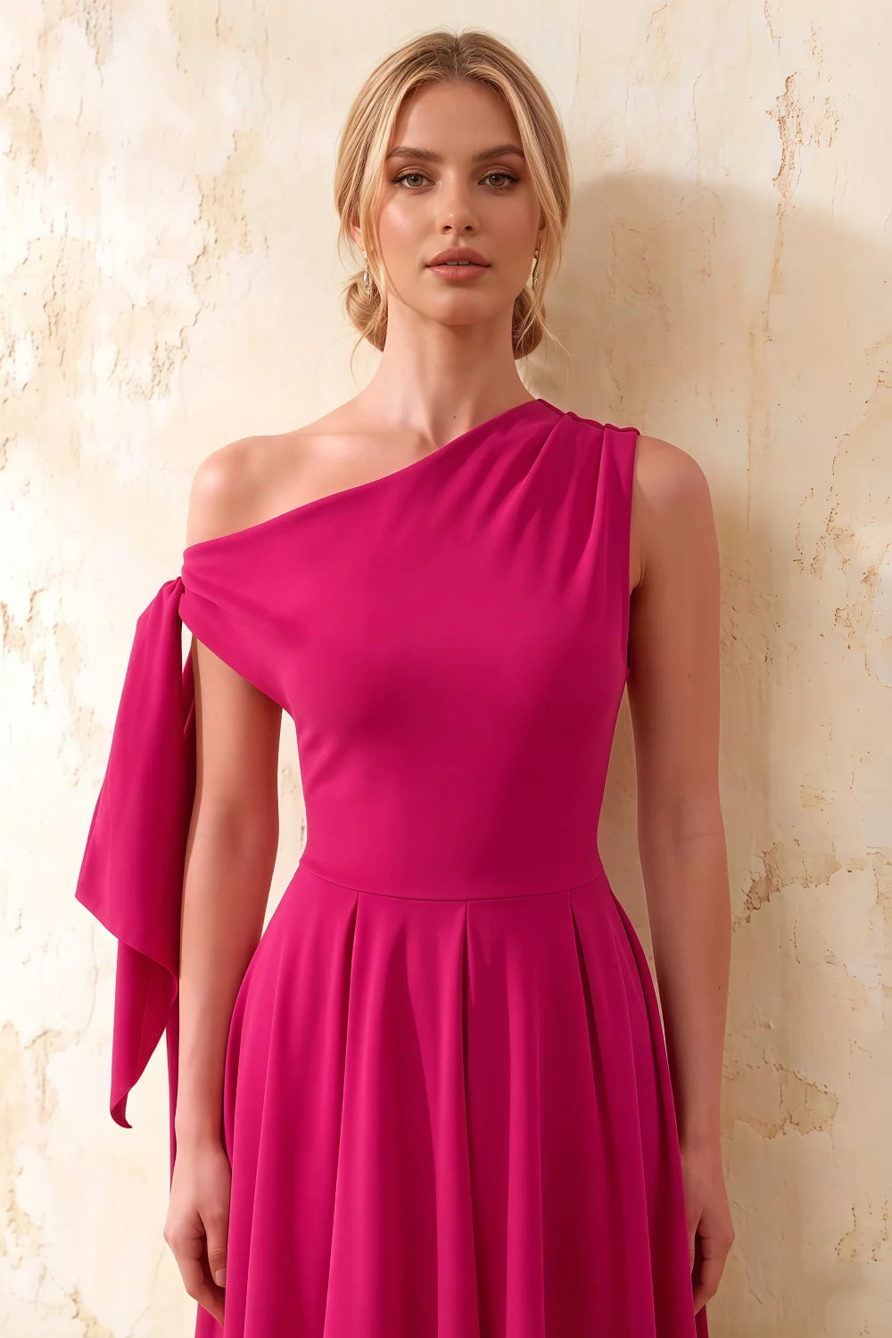 Gracie Hot Pink One Shoulder Midi Dress Formal